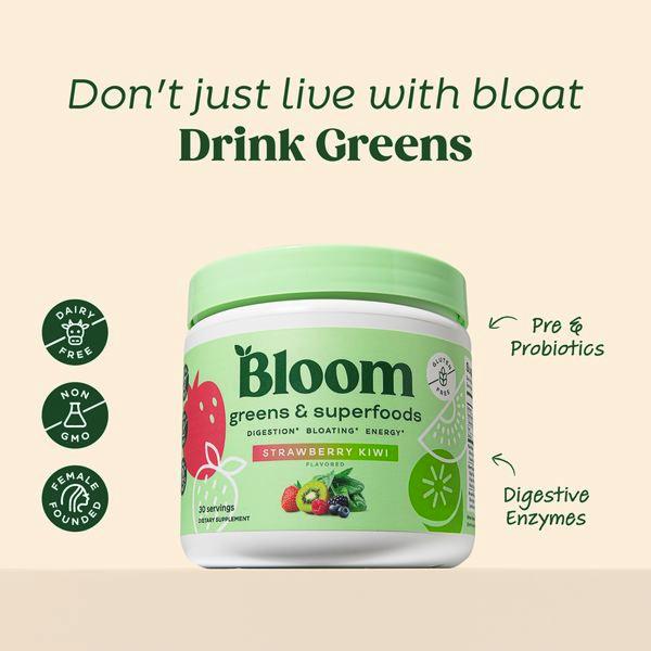 This ad creative features a clean, minimalist product shot of a greens supplement container with clear callouts for digestion, bloating, and energy benefits.